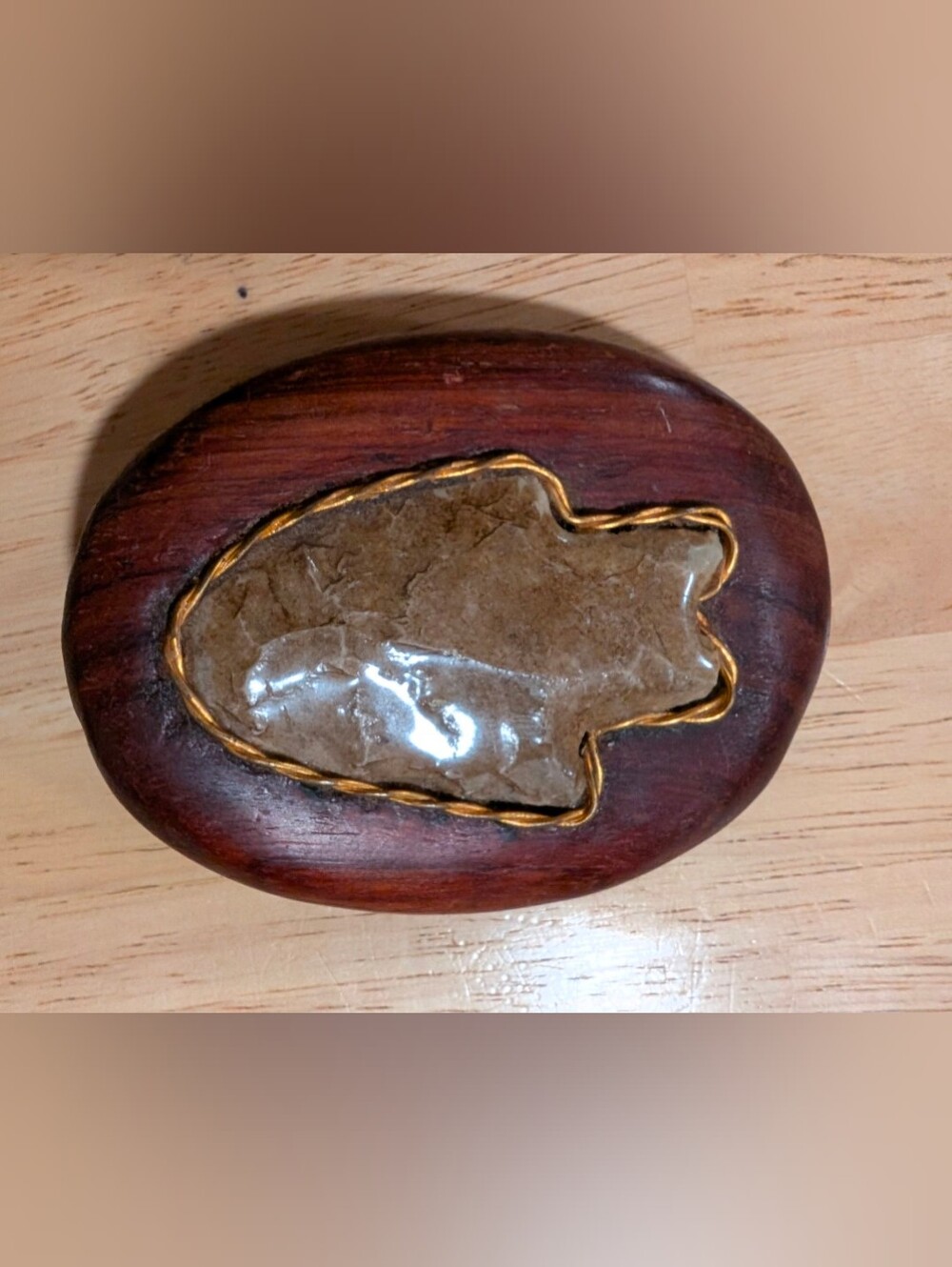 Handcrafted Vintage Brown Wood Belt Buckle with Arrowhead Inlay